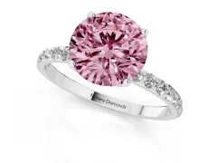 Fancy Pink Round Cut Diamond Solitaire Engagement Ring Set in White gold with Round Pavé Band and Prong Setting