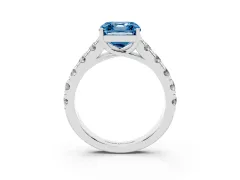 Fancy Blue Asscher Cut Diamond Solitaire Ring Set in Platinum with Cut-Down Micro Pavé Band and Prong Setting