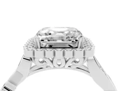 Asscher Cut Diamond Halo Ring Set in White gold with Leaf Motif Split Shank and Prong Setting