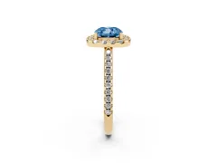 Fancy Blue Cushion Cut Diamond Pavé Halo Ring Set in Yellow gold with Prong Setting