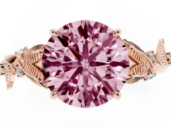 Fancy Pink Round Cut Diamond Solitaire Ring Set in Rose gold with Leaf Motif Band