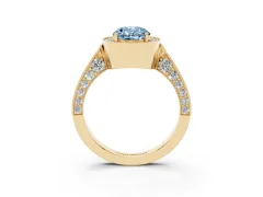 Fancy Blue Oval Cut Diamond Halo Engagement Ring Set in Yellow gold with Accent Split Shank Band