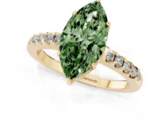 Fancy Green Marquise Cut Diamond Solitaire Engagement Ring Set in Yellow gold with Pavé Band and Prong Setting