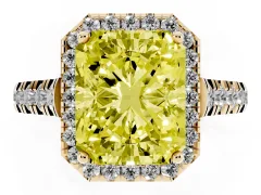 Fancy Yellow Radiant Cut Diamond Halo Engagement Ring Set in Yellow gold with Pavé Band and Prong-Set Center