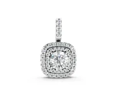 Round Diamond Double Halo Pendant Set in White gold with Pavé Rings and Prong-Set Center