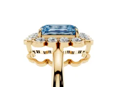Fancy Blue Emerald Cut Diamond Halo Cluster Engagement Ring Set in Yellow gold with Solitaire Band and Prong Setting