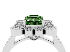 Fancy Green Emerald Cut Diamond Cluster Halo Ring Set in Platinum with Milgrain Bezel Accents and Plain Band