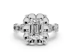 Emerald Cut Diamond Floral Halo Ring Set in Platinum with Shared Prong Band