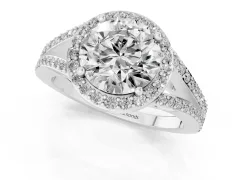 Round Cut Diamond Halo Split Shank Ring Set in Platinum with Accent Stones and Prong Setting