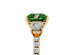 Fancy Green Cushion Cut Diamond Three-Stone Ring Set in Yellow gold with Pavé Band and Graduated Sides