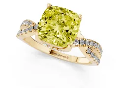 Fancy Yellow Cushion Cut Diamond Twist Pavé Solitaire Engagement Ring Set in Yellow gold with Prong Setting