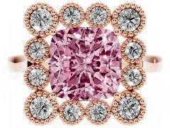Fancy Pink Cushion Cut Diamond Cluster Halo Ring Set in Rose gold with Milgrain Bezel Accents and Plain Band