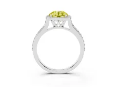 Fancy Yellow Round Cut Diamond Halo Engagement Ring Set in White gold with Round Pavé Shoulders and Heart Gallery