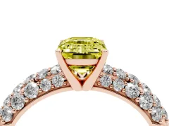 Fancy Yellow Emerald Cut Diamond Pavé Band Solitaire Ring Set in Rose gold with Close-Set Accent Stones and Prong Setting
