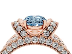 Fancy Blue Oval Cut Diamond Milgrain Halo Pavé Engagement Ring Set in Rose gold with Prong Setting