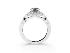Fancy Black Oval Cut Diamond Solitaire Ring Set in Silver with Milgrain Pavé Heart Band