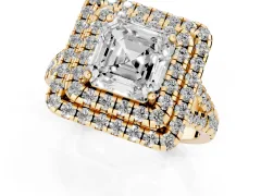 Asscher Cut Diamond Double Halo Ring Set in Yellow gold with Pavé Split Shank and Prong Setting
