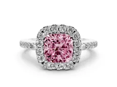 Fancy Pink Cushion Cut Diamond Pavé Halo Ring Set in Platinum with Prong Setting
