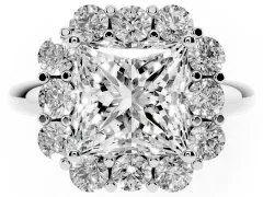 Princess Cut Diamond Milgrain Halo Solitaire Ring Set in White gold with Bezel Set Side Stones and Pavé Band