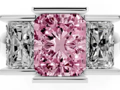 Fancy Pink Radiant Cut Diamond Three-Stone Channel Set Ring Set in White gold with Smooth Polished Band