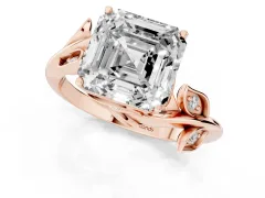 Asscher Cut Diamond Solitaire Twist Engagement Ring Set in Rose gold with Pavé Leaf Accents