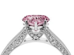 Fancy Pink Heart Cut Diamond Solitaire Ring Set in White gold with Milgrain-Edged Pavé Band and Prong Setting