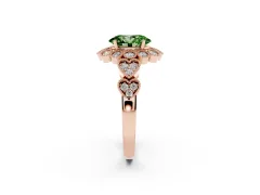 Fancy Green Oval Cut Diamond Solitaire Ring Set in Rose gold with Milgrain Pavé Heart Band