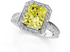 Fancy Yellow Radiant Cut Diamond Halo Engagement Ring Set in Silver with Accent Split Shank Band