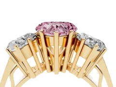 Fancy Pink Heart Cut Diamond Three-Stone Ring Set in Yellow gold with Textured Band