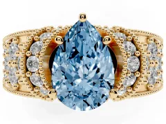 Fancy Blue Pear Cut Diamond Milgrain Halo Pavé Engagement Ring Set in Yellow gold with Prong Setting