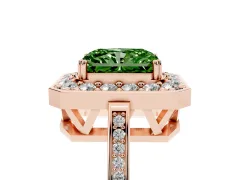 Fancy Green Radiant Cut Diamond Halo Ring Set in Rose gold with Accent-Lined Split Shank and Prong Setting
