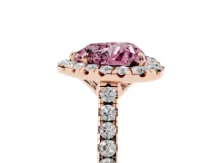 Fancy Pink Heart Cut Diamond Pavé Halo Engagement Ring Set in Rose gold with Pavé Band and Prong Setting