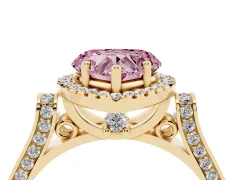 Fancy Pink Heart Cut Diamond Halo Ring Set in Yellow gold with Twist Band and Pavé Accents