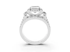 Asscher Cut Diamond Halo Split Shank Ring Set in Silver with Round Accent Stones and Prong Setting