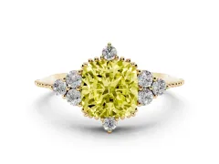 Fancy Yellow Cushion Cut Diamond Cluster Ring Set in Yellow gold with Beaded Band