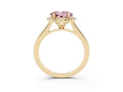 Fancy Pink Oval Cut Diamond Halo Engagement Ring Set in Yellow gold with Pavé Band and Rising Shoulders