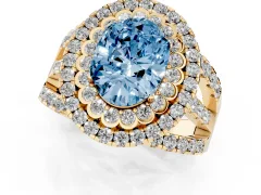 Fancy Blue Oval Cut Diamond Double Halo Ring Set in Yellow gold with Round Pavé Split Shank