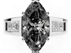 Fancy Black Marquise Cut Diamond Solitaire Ring Set in Platinum with Channel-Set Accent Stones and Prong Setting