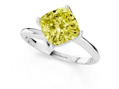 Fancy Yellow Cushion Cut Diamond Solitaire Engagement Ring Set in White gold with Classic Plain Band