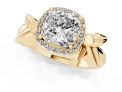 Cushion Cut Diamond Halo Floral Band Ring Set in Yellow gold with Prong Setting
