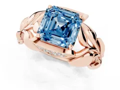 Fancy Blue Asscher Cut Diamond Leaf-Inspired Engagement Ring Set in Rose gold with Round Accents