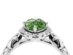 Fancy Green Marquise Cut Diamond Halo Ring Set in Silver with Filigree Leaf Band and Prong Setting