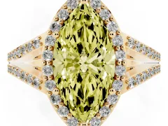 Fancy Yellow Marquise Cut Diamond Halo Split Shank Pavé Ring Set in Yellow gold with Prong Setting