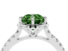 Fancy Green Cushion Cut Diamond Solitaire Ring Set in White gold with Pavé Band and Floral Prong Setting