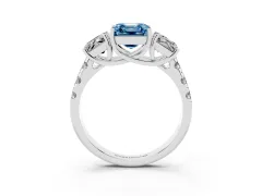 Fancy Blue Asscher Cut Diamond Three-Stone Ring Set in White gold with Pavé Band