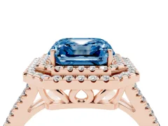 Fancy Blue Asscher Cut Diamond Double Halo Ring Set in Rose gold with Pavé Band