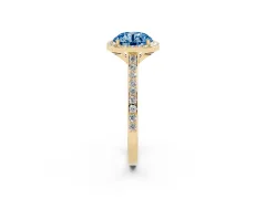 Fancy Blue Round Cut Diamond Halo Engagement Ring Set in Yellow gold with Round Pavé Shoulders and Heart Gallery