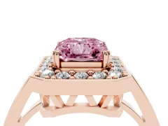 Fancy Pink Radiant Cut Diamond Halo Ring Set in Rose gold with Accent-Lined Split Shank and Prong Setting