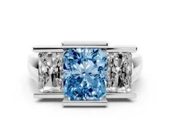 Fancy Blue Radiant Cut Diamond Three-Stone Channel Set Ring Set in Silver with Smooth Polished Band