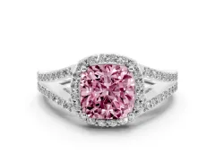 Fancy Pink Cushion Cut Diamond Halo Split Shank Pavé Ring Set in Silver with Prong Setting
